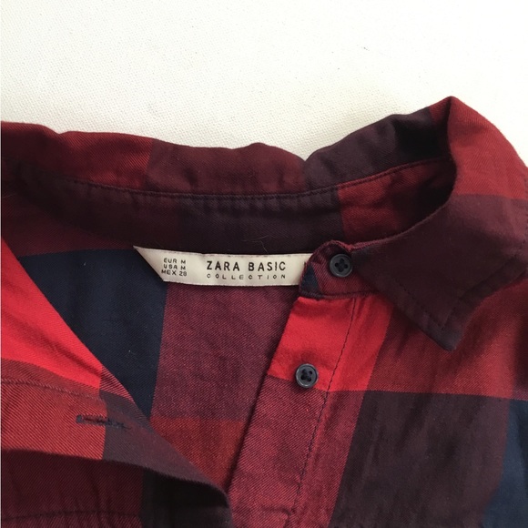 Zara Basic Blue & Red Plaid Fringe Button Top Shirt - Picture 5 of 6